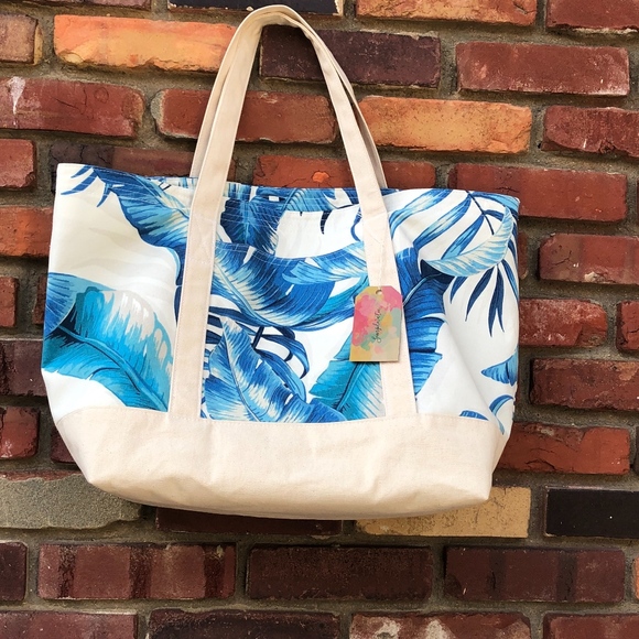Large Tropical Palm Print Cotton Canvas Tote Bags - Picture 7 of 16